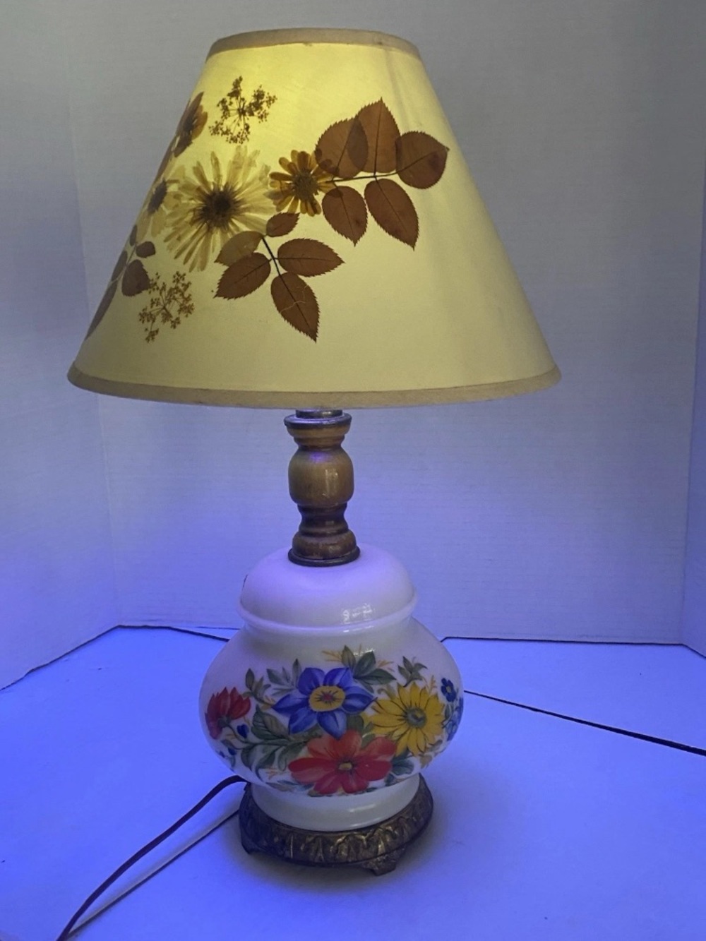 Vintage Milk Glass Hand Painted Lamp,  Floral Lamp,  Farmhouse Lamp no shade